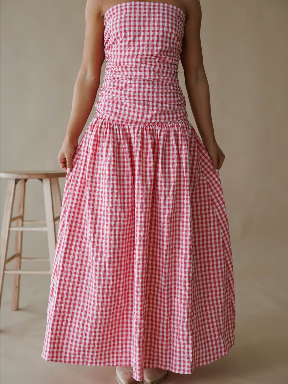 Gingham Red and White Strapless Maxi Dress